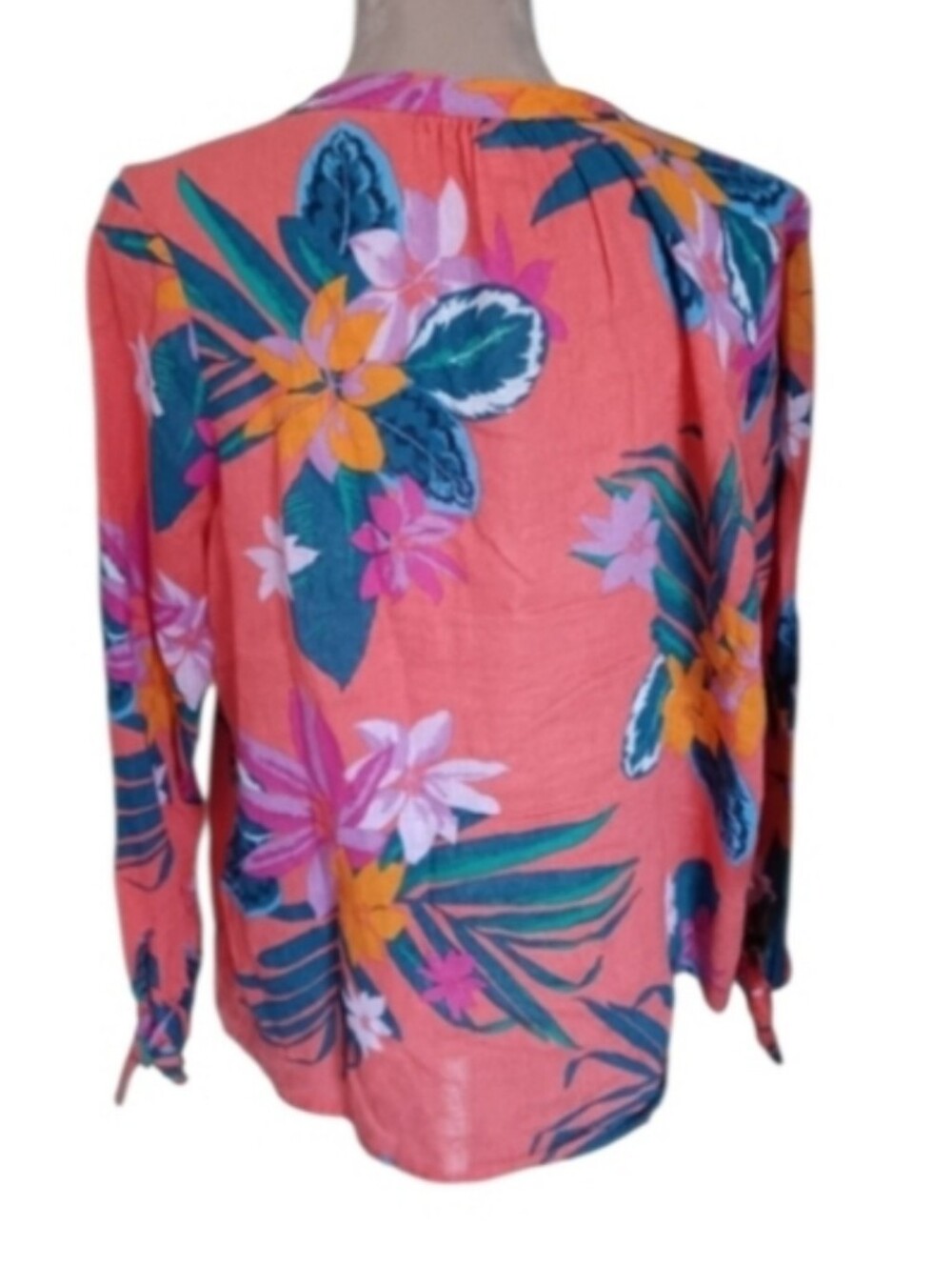 Old Navy ~ Coral Tropical Floral Linen Blend Tie Sleeve Blouse - Picture 9 of 10